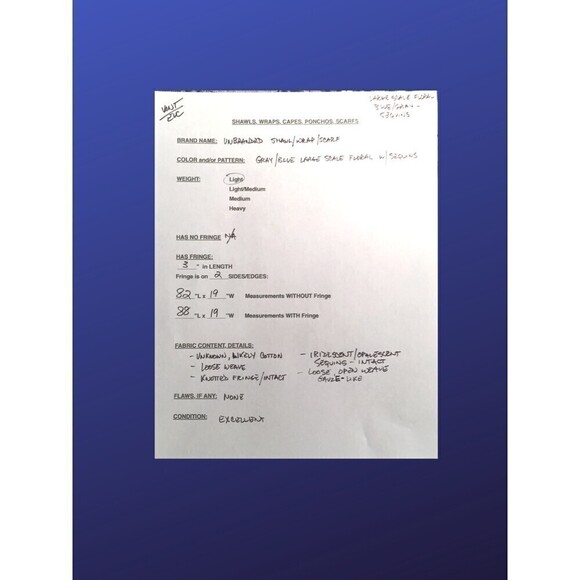 UNBRANDED Shawl Wrap Scarf, 3” Knotted Fringe, BLUE/GRAY FLORAL, Pre-owned, EUC - Picture 9 of 9